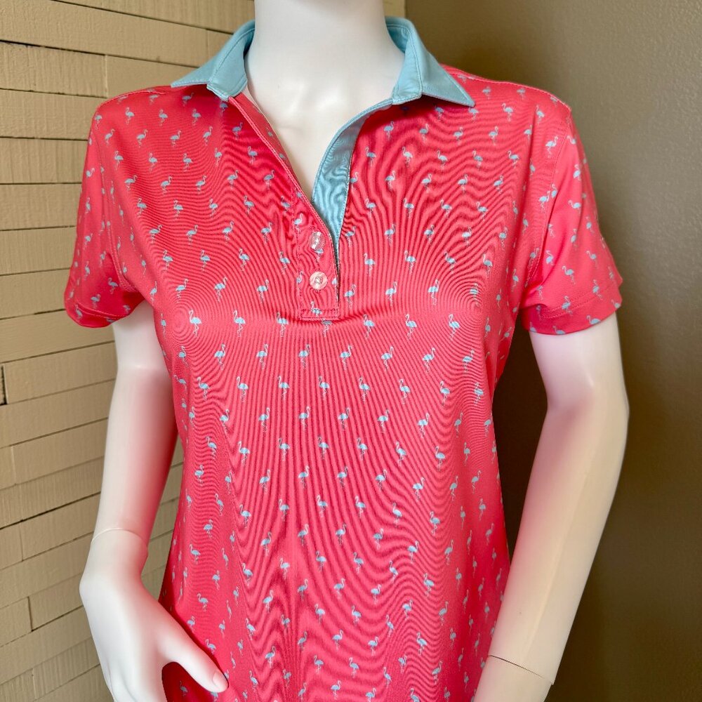 Waggle Women's Coral Flamingo Golf Shirt Sz Med - NWOT
